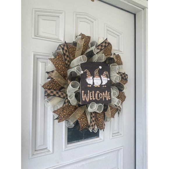 Leopard Welcome Gnome Deco Mesh Ribbon Wreath Front Door Hanger - Picture 3 of 7
